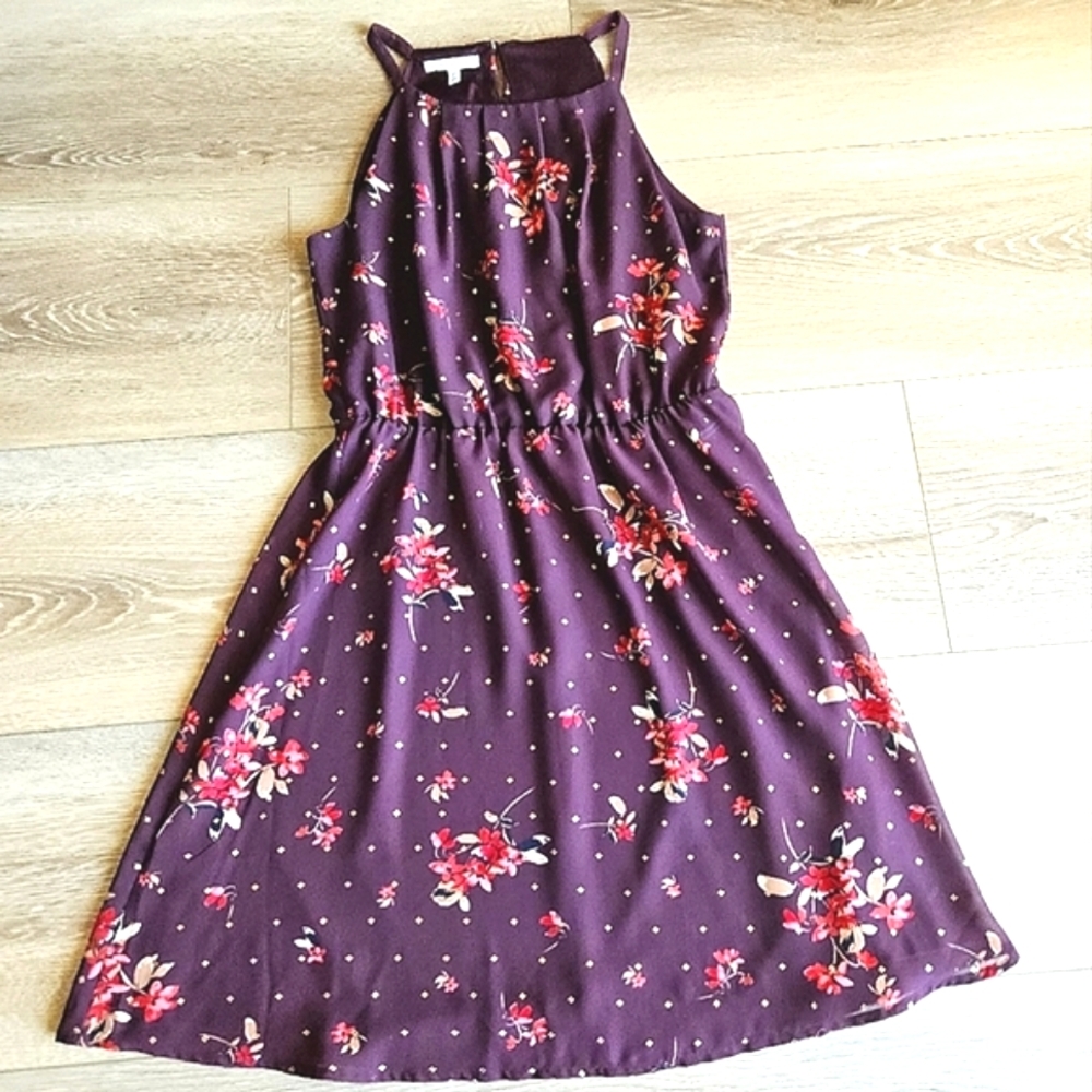 Maurice's Burgundy Red Gold Floral Ruched Halter High Neck Flowy Silky Dress